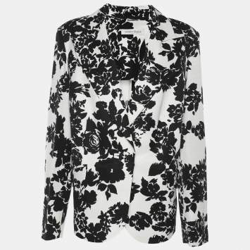 Pre Owned Marina Rinaldi Black/White Ottoman Print Single Breasted Blazer L