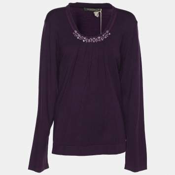 Pre Owned Marina Rinaldi Purple Stretch Knit Crystal Embellished Sweater L