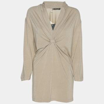 Pre Owned Marina Rinaldi Metallic Beige Lurex Knit Knot Front Shirt L