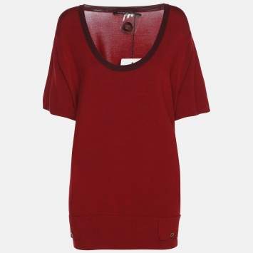Pre Owned Marina Sport by Marina Rinaldi Red Stretch Knit Scoop Knit Short Sleeve Sweater XL
