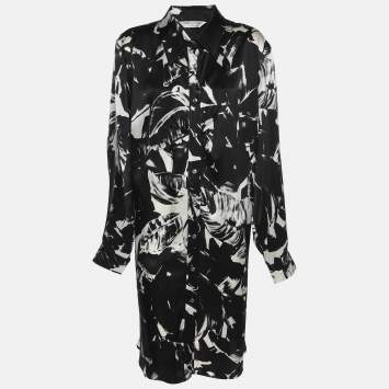 Pre Owned Marina Rinaldi Black/White Printed Silk Button Front Dress L