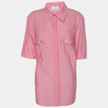Pre Owned Marina Rinaldi Pink Striped Cotton Button Front Short Sleeve Shirt L