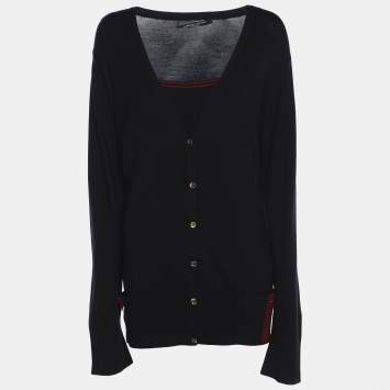 Pre Owned Marina Sport by Marina Rinaldi Navy Blue Stretch Knit Button Front Sweater L 
