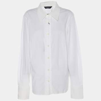 Pre Owned Marina Sport by Marina Rinaldi White Stretch Cotton Pleated Front Long Sleeve Shirt L