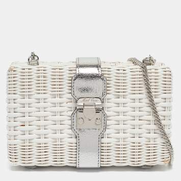 Mark Cross White/Siler Woven Rattan and Patent Leather Chain Clutch