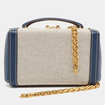 Pre Owned Mark Cross Navy Blue/White Canvas and Leather Box Belt Convertible Bag