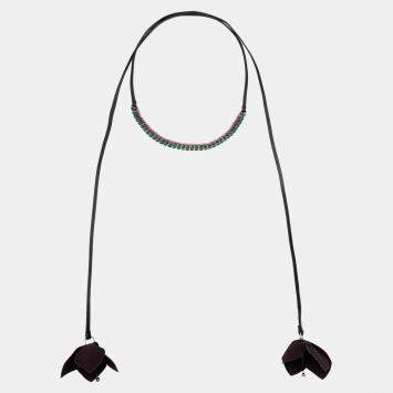 Pre Owned Marni Flower Fabric Crystal Leather Wrap Necklace