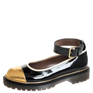 Pre Owned Marni Black and Gold Patent Leather Ankle Strap Ballet Flats Size 39