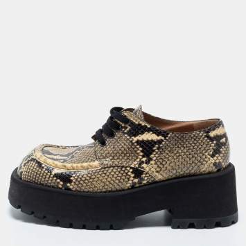 Pre Owned Marni Black/Yellow Snakeskin Embossed Leather Platform Lace Up Derby Size 39