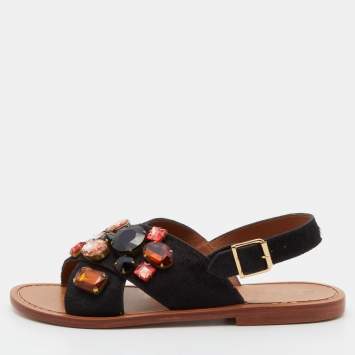 Pre Owned Marni Black Calf Hair Crystal Embellished Slingback Flat Sandals Size 38.5