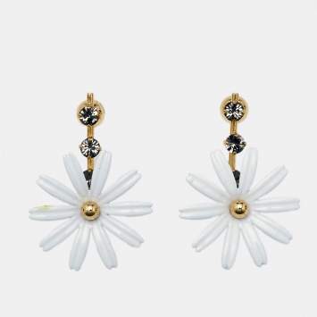 Pre Owned Marni Daisy Crystals White Coated Gold Tone Bar Earrings