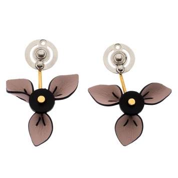 Pre Owned Marni Floral Leather Two Tone Metal Dangle Earrings