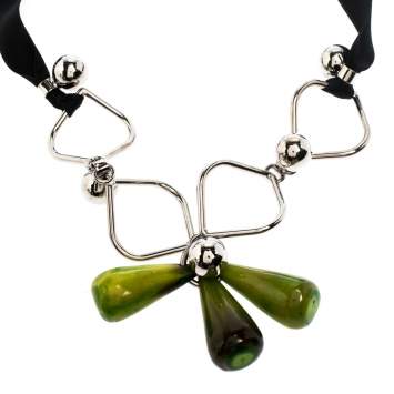 Pre Owned Marni Green Teardrop Beads Silver Tone Black Ribbon Self-Tie Necklace