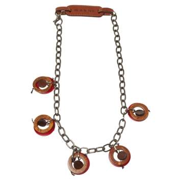 Pre Owned Marni Red Resin and Wood Leather Tag Necklace