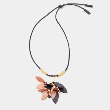 Pre Owned Marni Gold Tone & Leather Resin Floral Pendant Adjustable Necklace