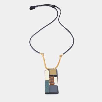 Pre Owned Marni Black Leather & Gold Tone Resin Statement Pendant Necklace