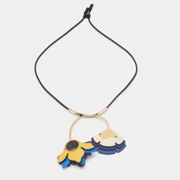 Pre Owned Marni Black Leather Floral Pendant Gold Tone Necklace