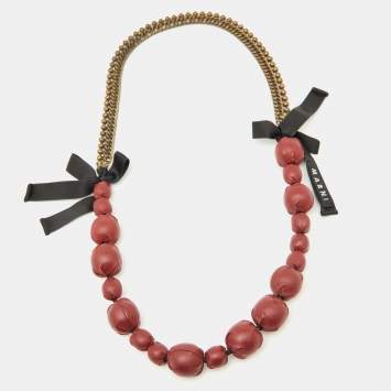 Pre Owned Marni Burgundy Leather & Aged Gold Tone Chain Statement Necklace