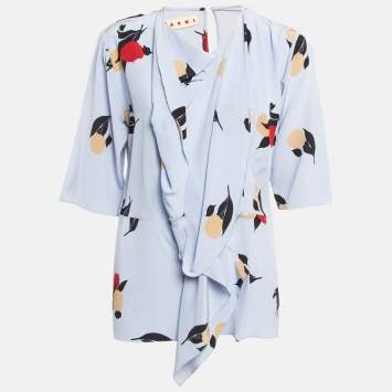 Pre Owned Marni Purple Printed Silk Ruffled Top M