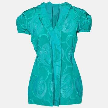 Pre Owned Marni Green Jacquard Silk Blend V-Neck Top S