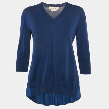 Pre Owned Marni Royal Blue Cotton Knit and Silk Pleated Asymmetric Top M