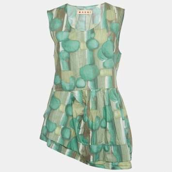 Pre Owned Marni Green/Multicolor Abstract Print Cotton Sleeveless Pleated Mini Dress M