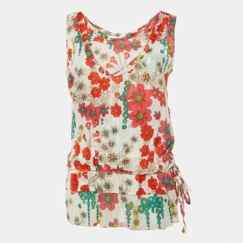 Pre Owned Marni White/Red Floral Print Cotton Peplum Top M
