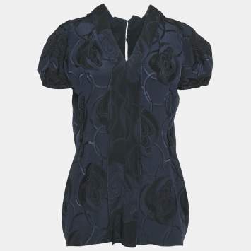 Pre Owned Marni Navy Blue Jacquard Silk Blend Blouse M