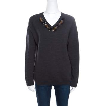 Pre Owned Marni Dark Grey Wool Crystal Embellished V Neck Sweater M
