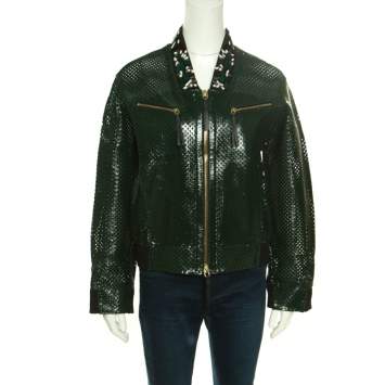 Pre Owned Marni Emerald Green Perforated Leather Floral Embellished Detail Bomber Jacket S