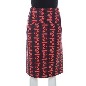 Pre Owned Marni Red Geometric Print Wool Pencil Midi Skirt M
