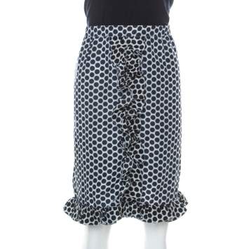 Pre Owned Marni Blue and White Polka Dot Printed Coated Silk Ruffle Detail Skirt S 