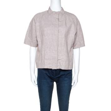Pre Owned Marni Beige Linen Press Button Short Sleeve Top S