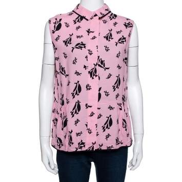 Pre Owned Marni Pink Crepe Abstract Print Dual Collar Sleeveless Top M