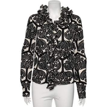 Pre Owned Marni Black Printed Cotton Ruffled Trim Detail Button Front Shirt S