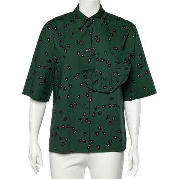 Pre Owned Marni Green Printed Ruffled Trim Pocket Detailed Button Front Shirt S 