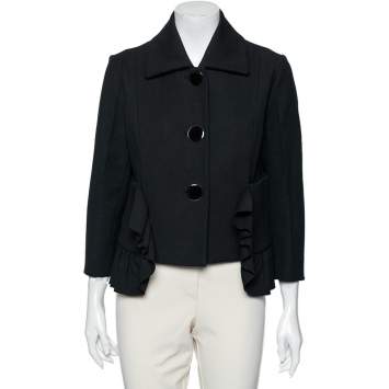 Pre Owned Marni Black Textured Cotton Ruffled Trim Detailed Button Front Jacket M