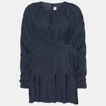 Pre Owned Marni Midnight Blue Silk Pleated Slouchy Top L