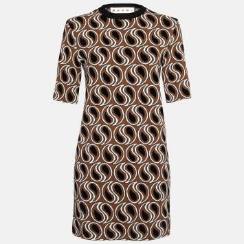 Pre Owned Marni Brown Jacquard Lurex Knit Short Sleeve Dress M