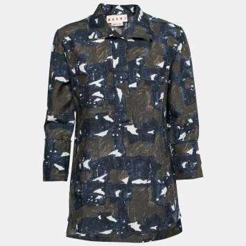 Pre Owned Marni Navy Blue & Green Printed Silk Tunic S