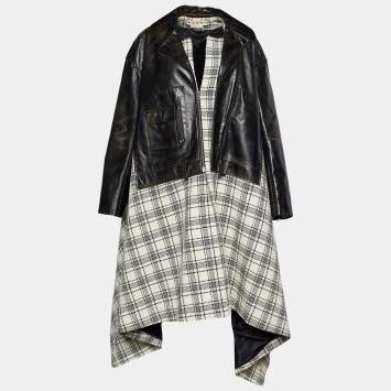 Pre Owned Marni Monochrome Leather & Plaided Wool Layered Long Coat M