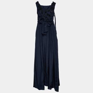 Pre Owned Marni Navy Blue Silk Applique Detail Belted Sleeveless Maxi Dress M