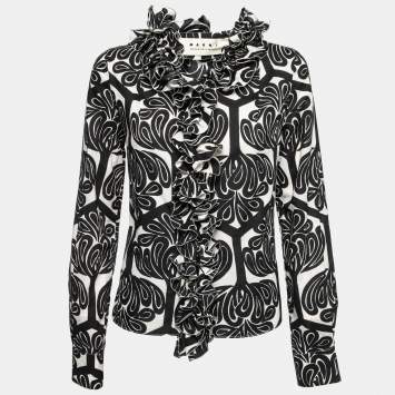 Pre Owned Marni Black Printed Cotton Ruffled Trim Detail Button Front Shirt S