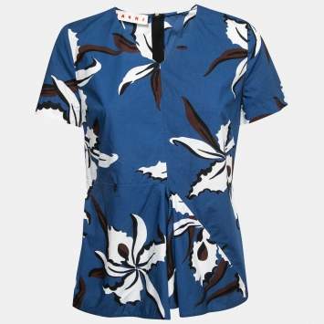 Pre Owned Marni Blue Floral Printed Cotton Short Sleeve Top M