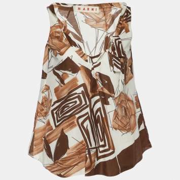 Pre Owned Marni Brown/Cream Cotton Abstract Print Sleeveless Top M
