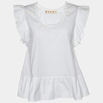 Pre Owned Marni White Cotton Ruffle Detail Top S
