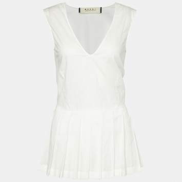 Pre Owned Marni White Cotton Pleated Hem Tank Top S