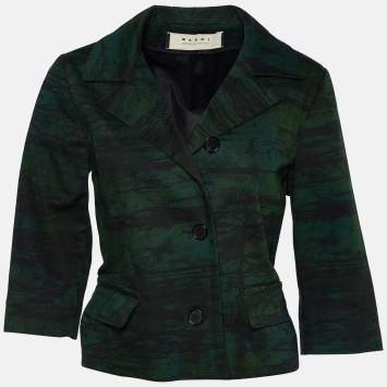 Pre Owned Marni Dark Green Printed Cotton Button Front Cropped Jacket S