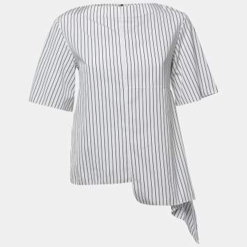 Pre Owned Marni White Striped Cotton Poplin Asymmetrical Hem Top S