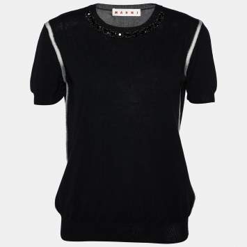 Pre Owned Marni Black Rib Knit Embellished Neck Detail Sweater Top S